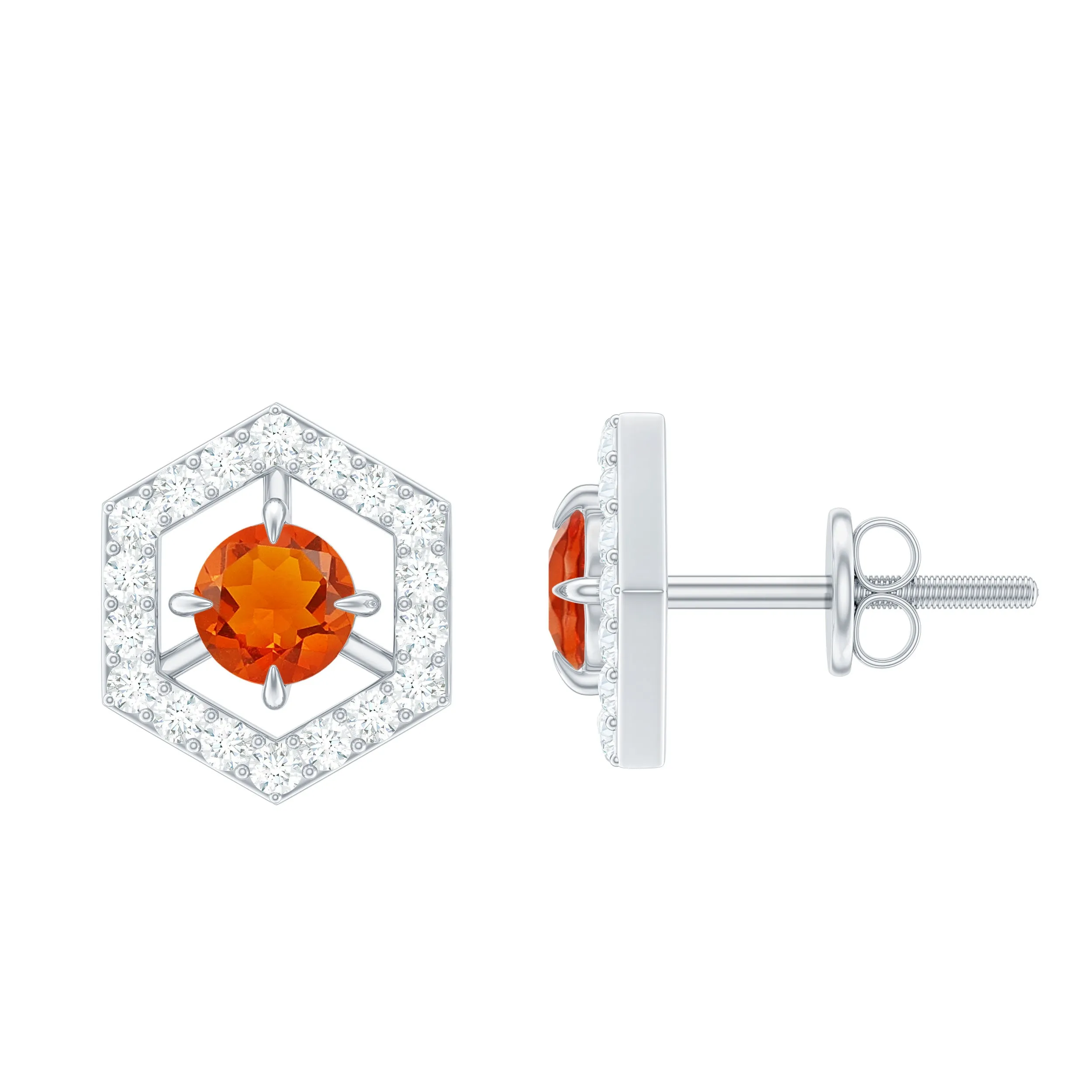 0.75 CT Minimal Fire Opal and Diamond Geometric Stud Earrings