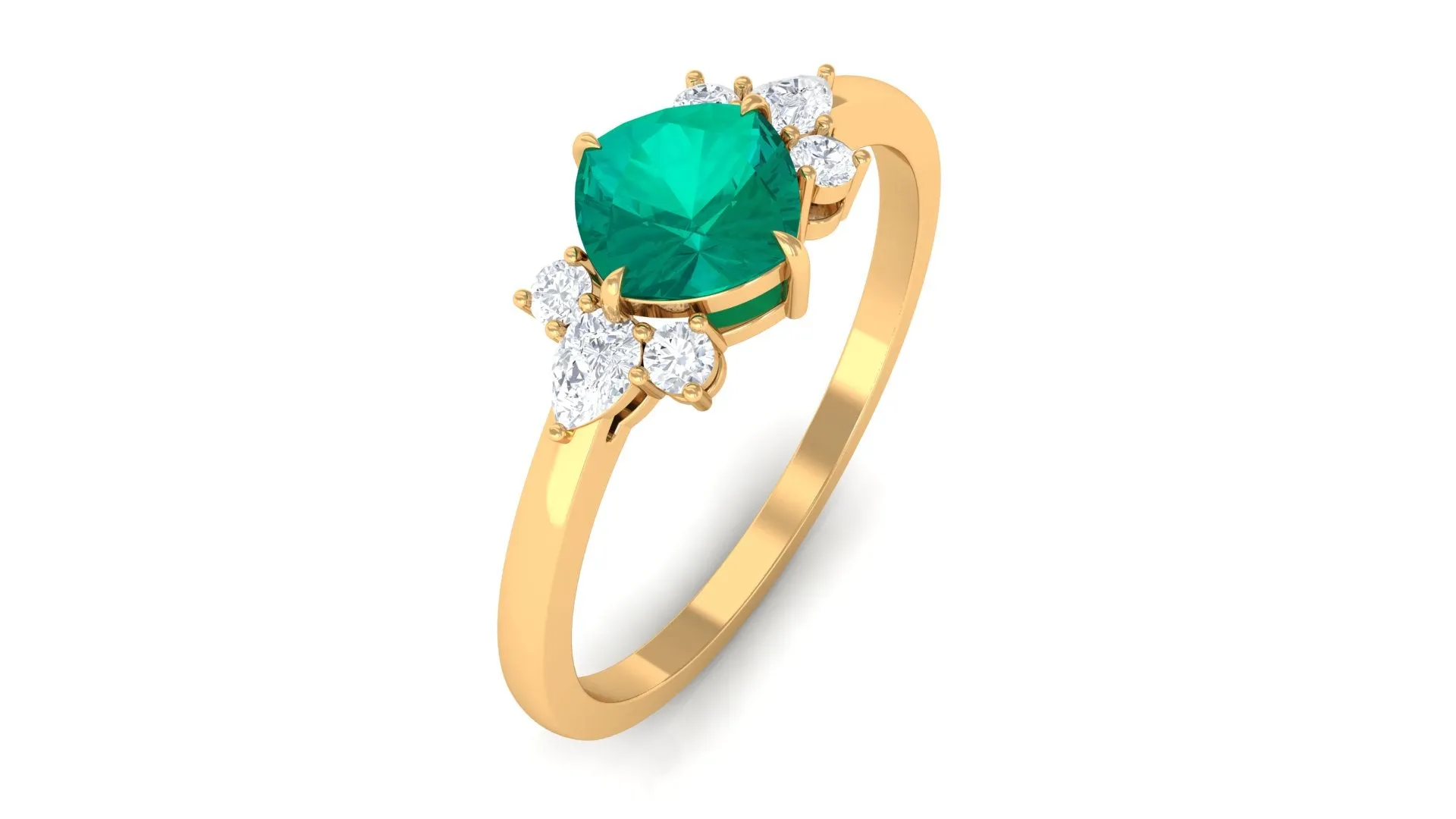 1 CT Cushion shape Emerald Solitaire Ring with Diamond Trio