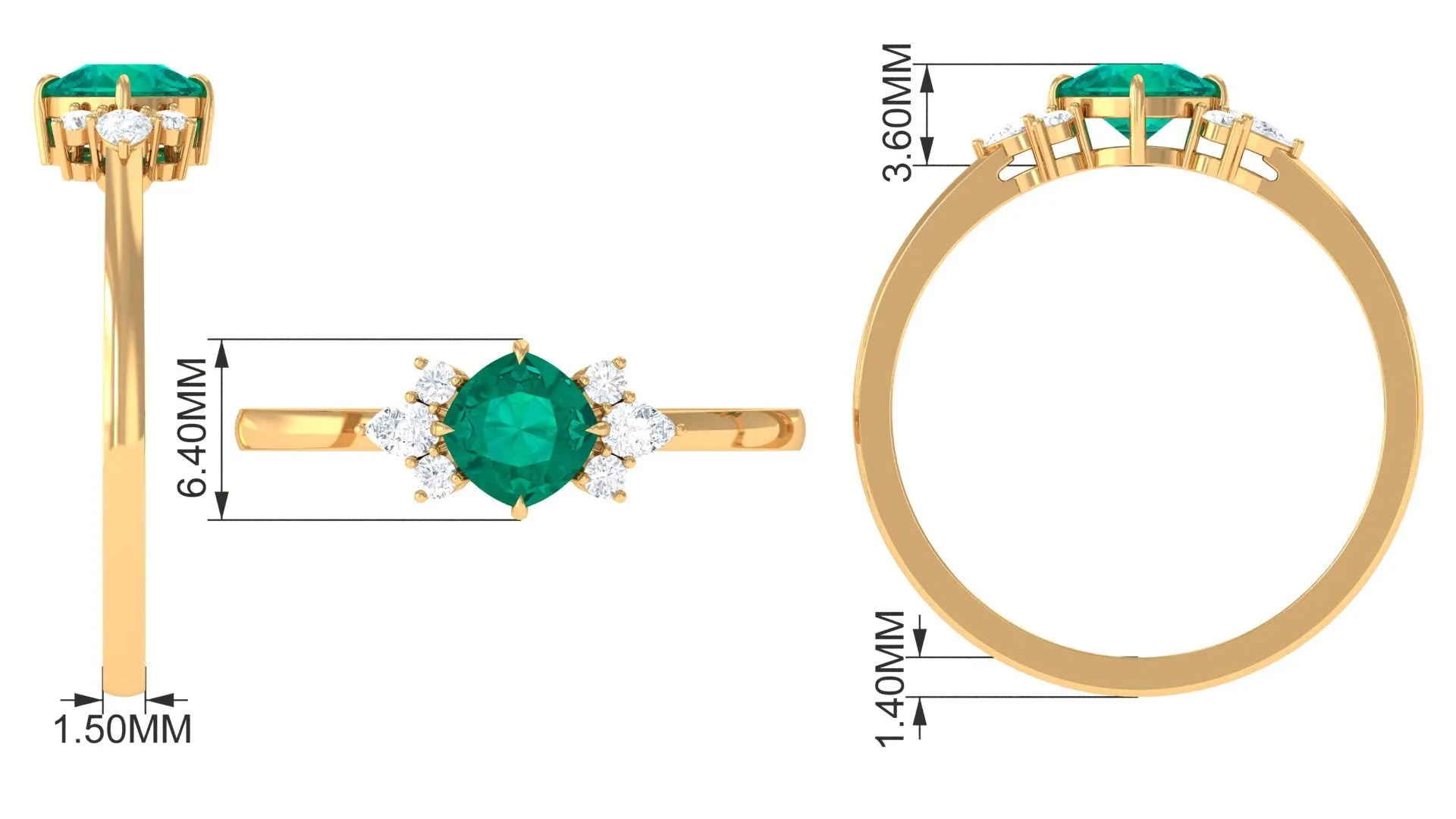 1 CT Cushion shape Emerald Solitaire Ring with Diamond Trio