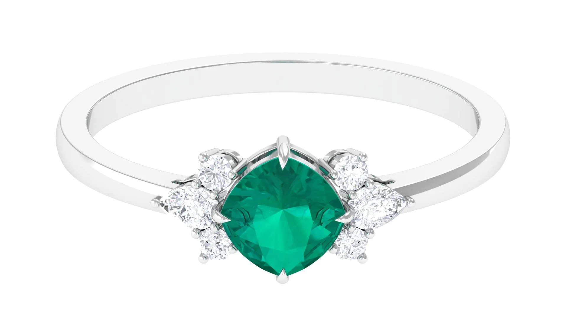 1 CT Cushion shape Emerald Solitaire Ring with Diamond Trio