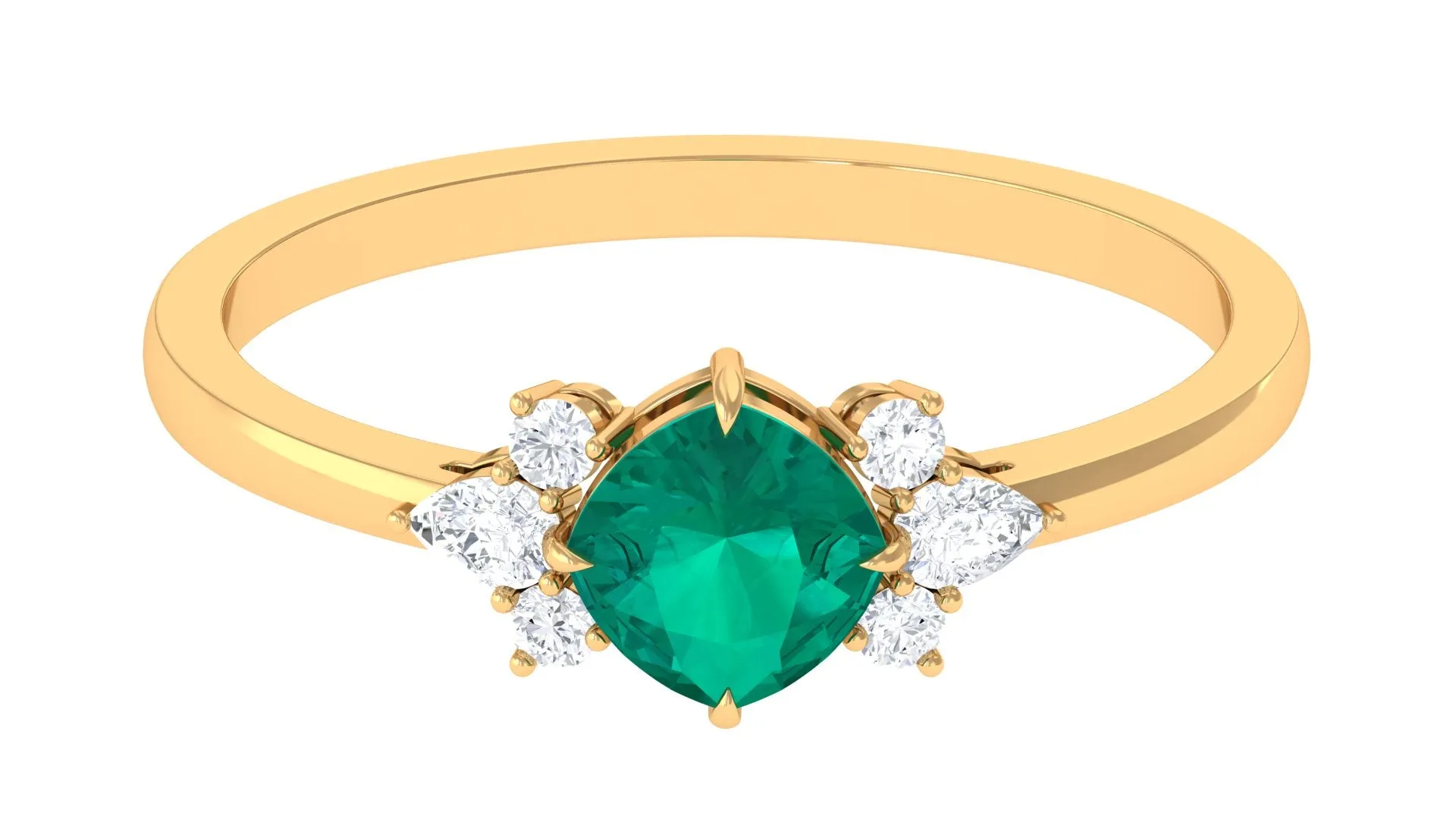 1 CT Cushion shape Emerald Solitaire Ring with Diamond Trio