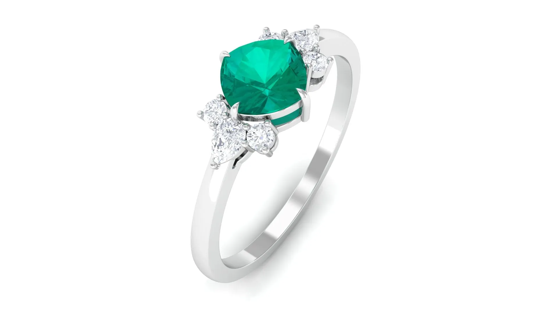 1 CT Cushion shape Emerald Solitaire Ring with Diamond Trio