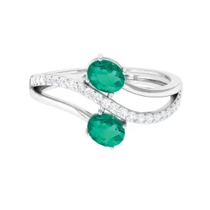 1 CT Two Stone Bypass Emerald Engagement Ring with Diamond