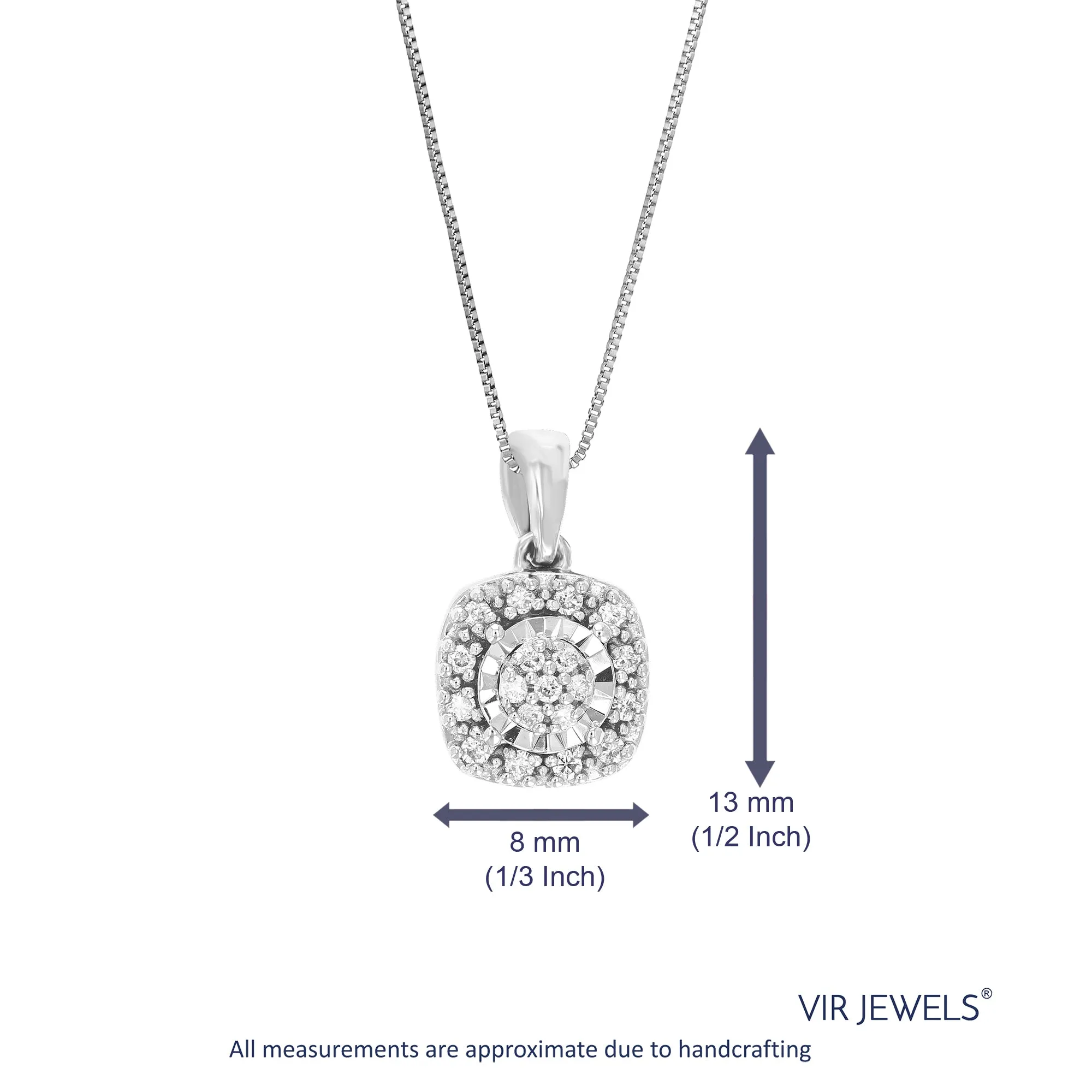 1/10 cttw Lab Grown Diamond Square Pendant Necklace .925 Sterling Silver 1/3 Inch With 18 Inch Chain