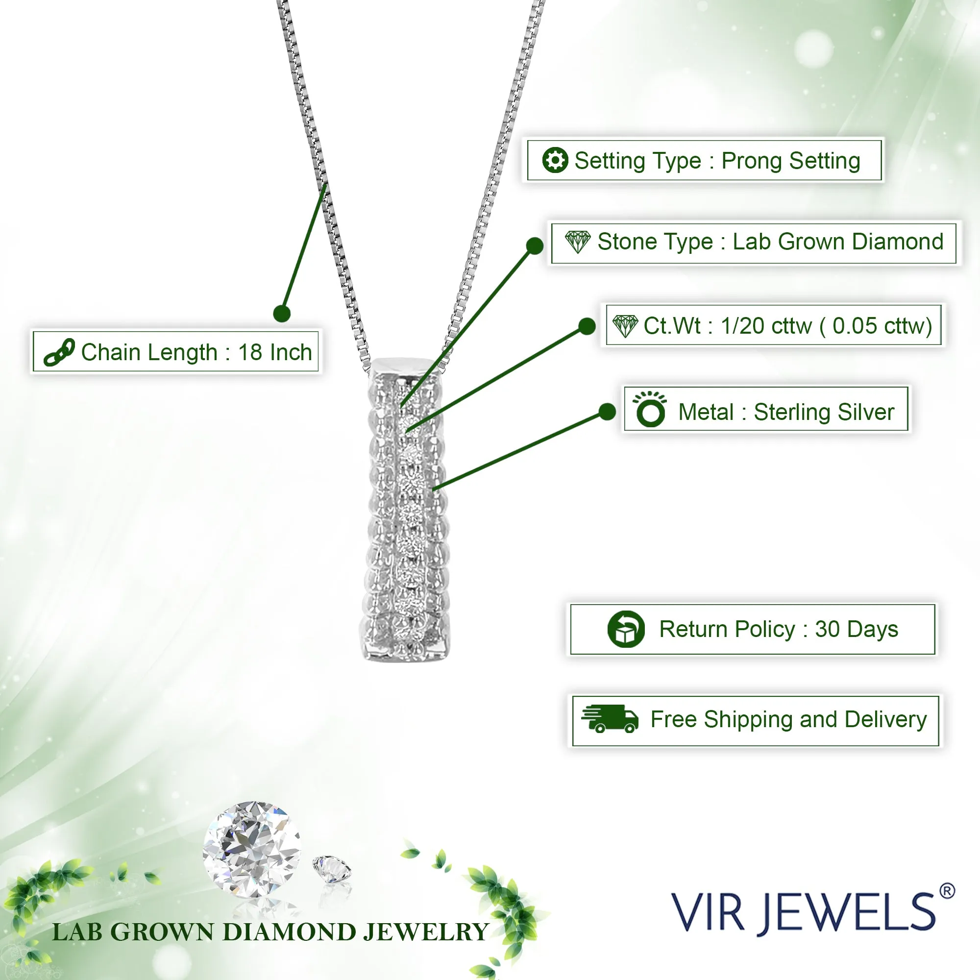 1/20 cttw Lab Grown Diamond Drop Pendant Necklace .925 Sterling Silver 1/2 Inch with 18 Inch Chain