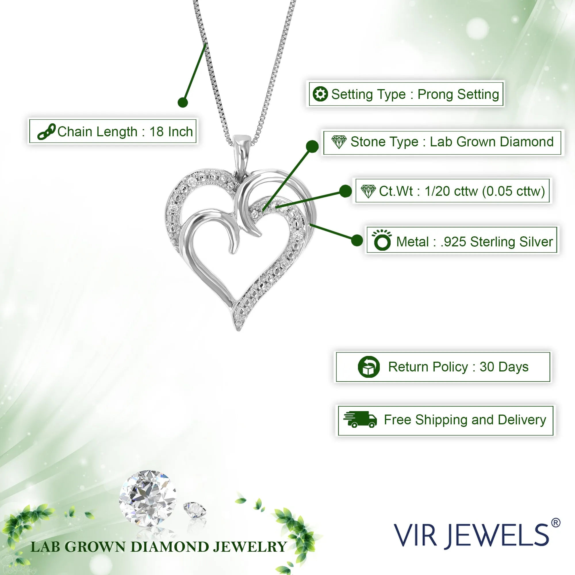 1/20 cttw Round Cut 5 Stones Lab Grown Diamond Heart Pendant Necklace .925 Sterling Silver 3/4 Inch With 18 Inch Chain