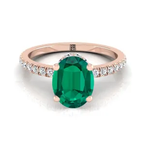 14K Rose Gold Oval Emerald Secret Diamond Halo French Pave Solitaire Engagement Ring -1/3ctw