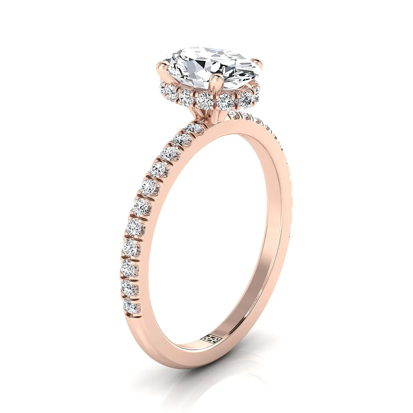 14K Rose Gold Oval Emerald Secret Diamond Halo French Pave Solitaire Engagement Ring -1/3ctw