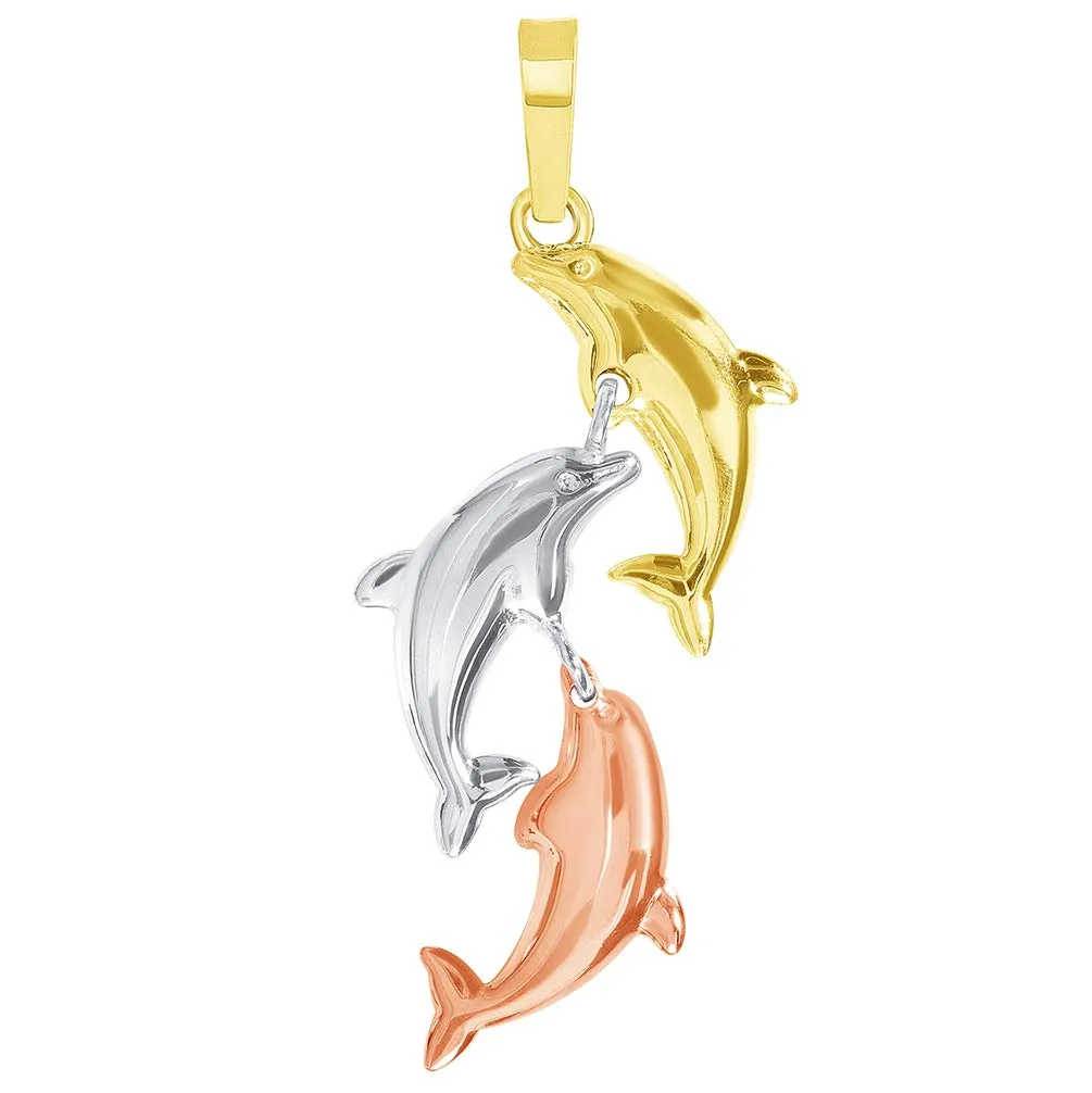 14k Tri-Color Gold Dangling Three Dolphins Jumping Up Pendant with Figaro Chain Necklace