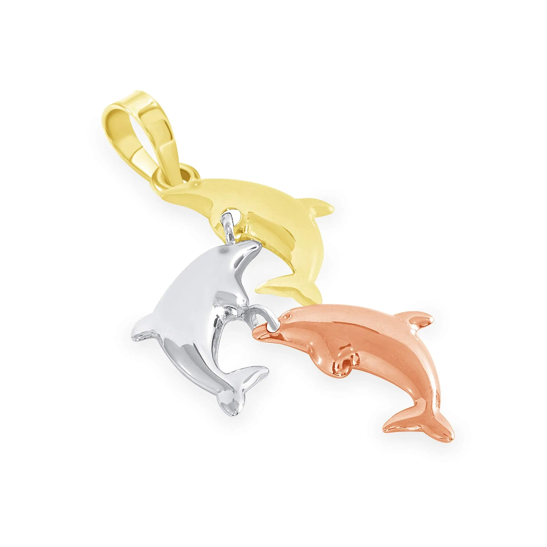 14k Tri-Color Gold Dangling Three Dolphins Jumping Up Pendant with Figaro Chain Necklace