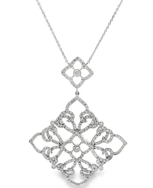 14K White Gold Large Vintage Inspired Diamond Pendant Necklace