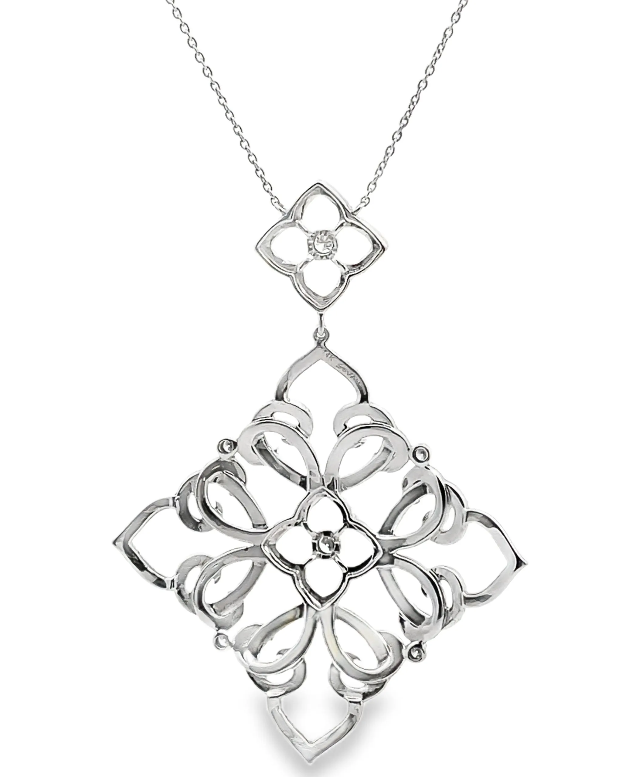 14K White Gold Large Vintage Inspired Diamond Pendant Necklace