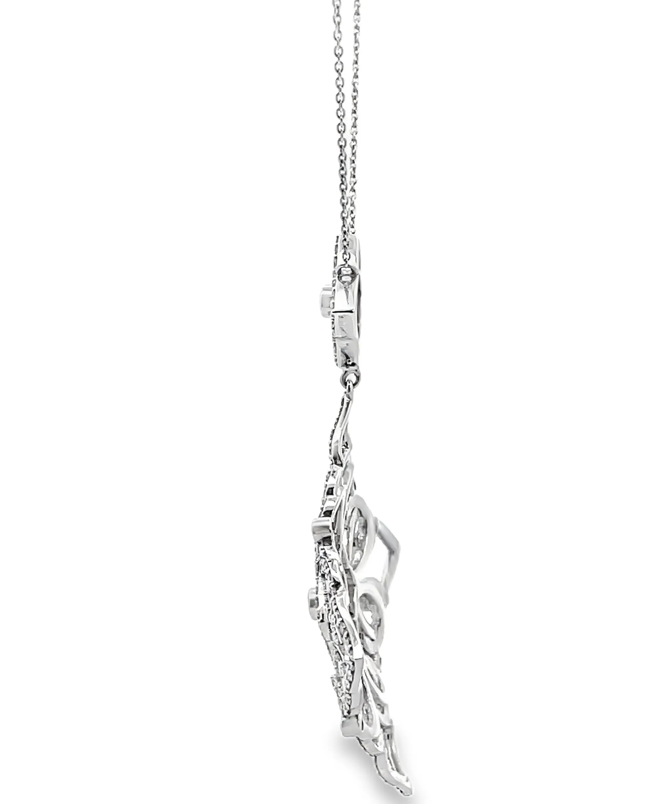 14K White Gold Large Vintage Inspired Diamond Pendant Necklace