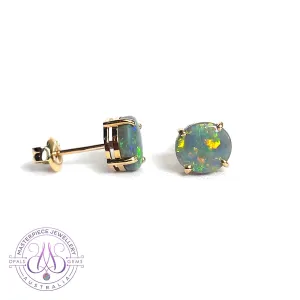 14kt Yellow Gold claw set Black Opal studs 1.59ct