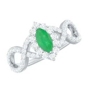 1.50 CT Marquise Emerald Crossover Engagement Ring with Diamond Halo