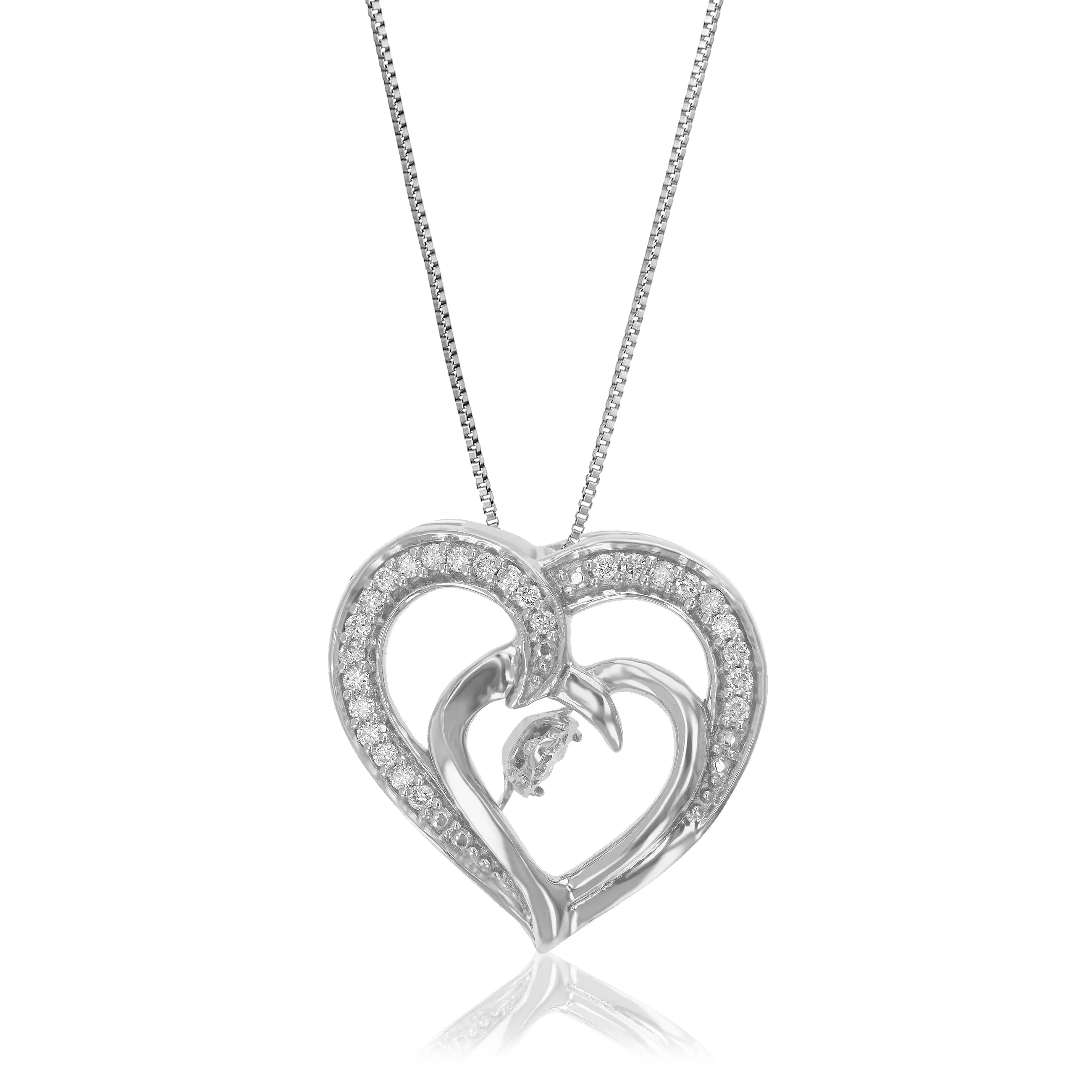 1/6 cttw Lab Grown Diamond Double Heart Pendant Necklace .925 Sterling Silver 2/3 Inch With 18 Inch Chain