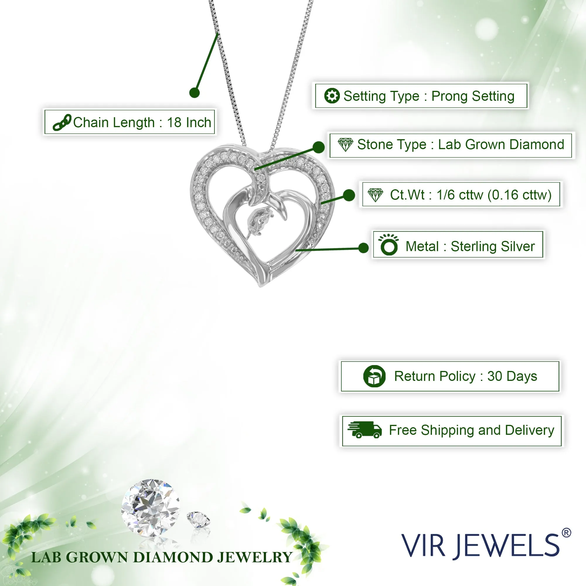 1/6 cttw Lab Grown Diamond Double Heart Pendant Necklace .925 Sterling Silver 2/3 Inch With 18 Inch Chain