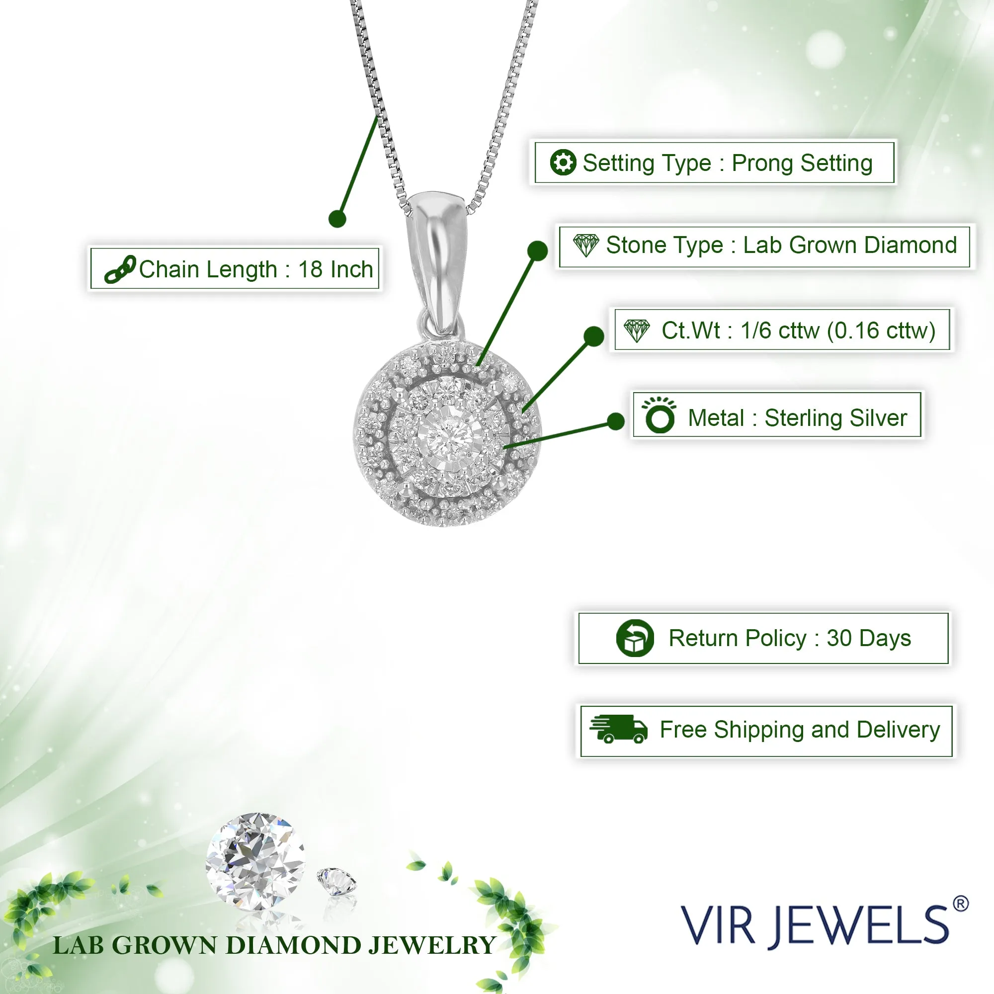 1/6 cttw Lab Grown Diamond Round Circle Pendant Necklace .925 Sterling Silver 1/3 Inch With 18 Inch Chain