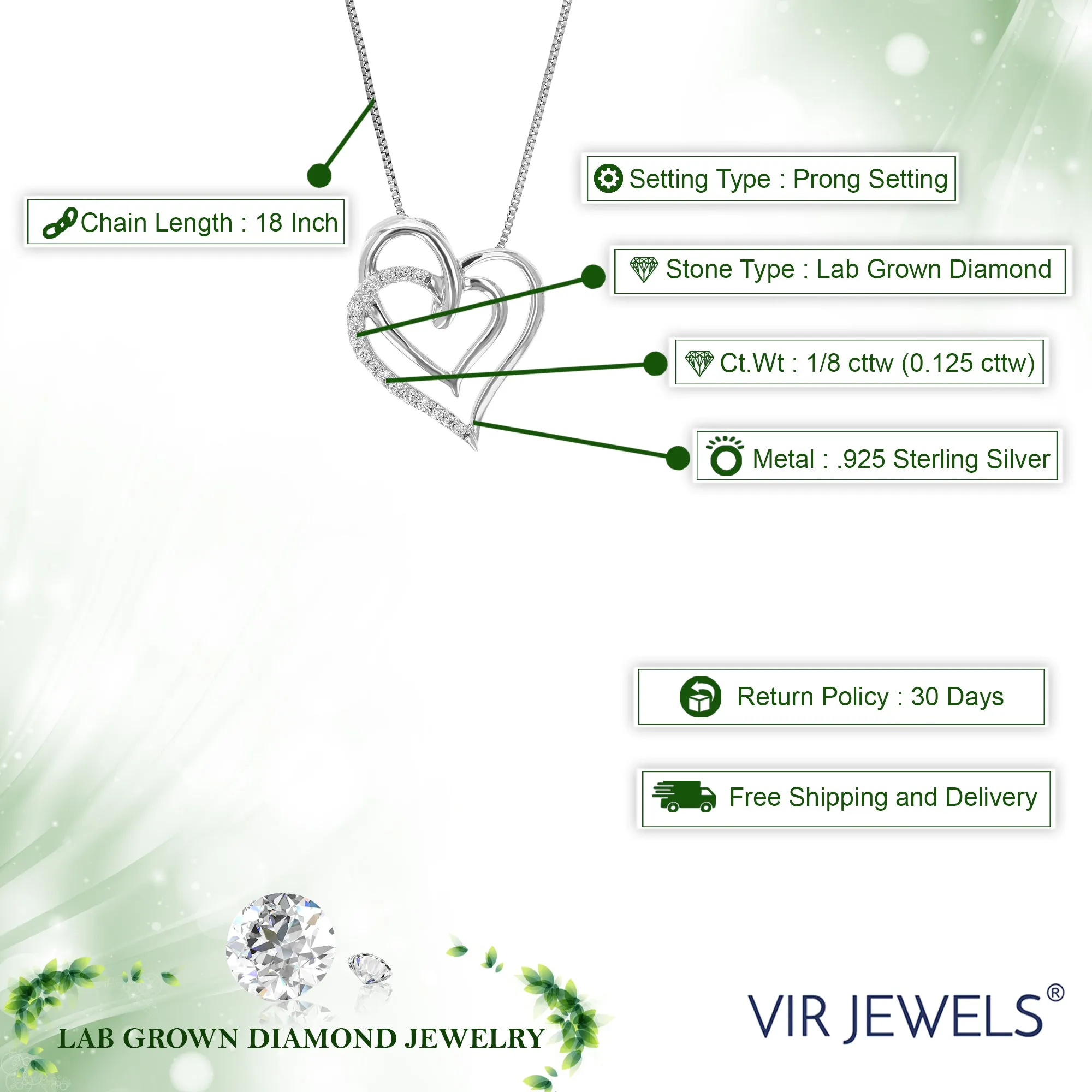 1/8 cttw Round Cut 17 Stones Lab Grown Diamond Heart Pendant Necklace .925 Sterling Silver 1/2 Inch With 18 Inch Chain