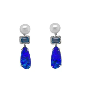 18ct White Gold Opal, Blue Topaz, Pearl and Diamond Earrings