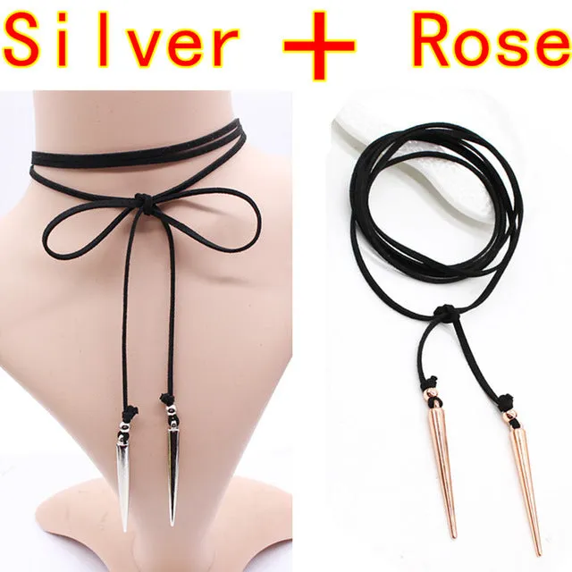 2PCS New Black Leather Choker Necklace Bullet punk style Gothic Rivet jewelry Retro statement long vegan sexy collier femme DIY