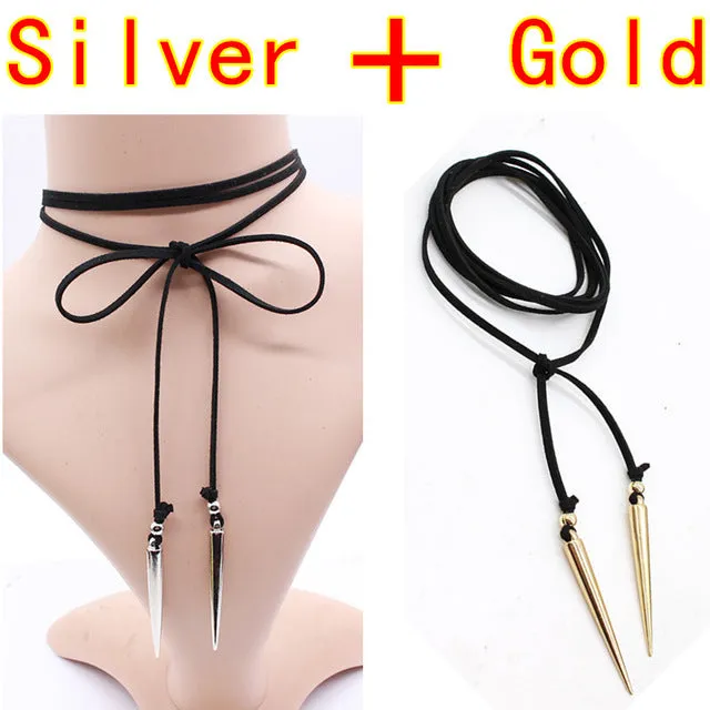 2PCS New Black Leather Choker Necklace Bullet punk style Gothic Rivet jewelry Retro statement long vegan sexy collier femme DIY