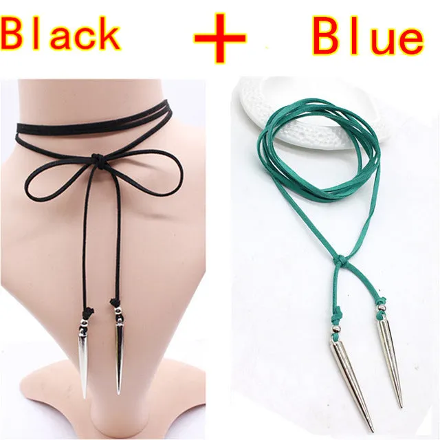 2PCS New Black Leather Choker Necklace Bullet punk style Gothic Rivet jewelry Retro statement long vegan sexy collier femme DIY