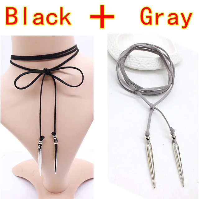 2PCS New Black Leather Choker Necklace Bullet punk style Gothic Rivet jewelry Retro statement long vegan sexy collier femme DIY