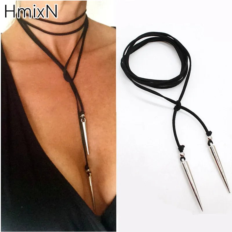 2PCS New Black Leather Choker Necklace Bullet punk style Gothic Rivet jewelry Retro statement long vegan sexy collier femme DIY