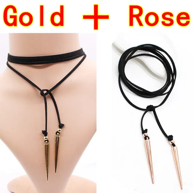 2PCS New Black Leather Choker Necklace Bullet punk style Gothic Rivet jewelry Retro statement long vegan sexy collier femme DIY