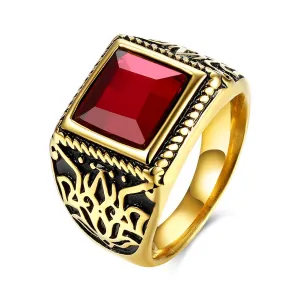 316L Stainless Steel Red Emerald Cut Goldtone Class Ring