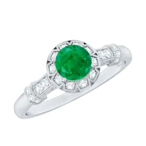 3/4 CT Vintage Inspired Emerald Engagement Ring with Diamond