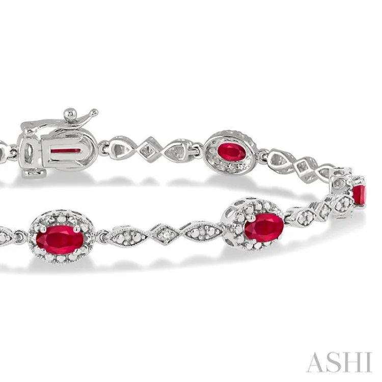 5x3 MM Oval Cut Ruby and 1/20 Ctw Single Cut Diamond Bracelet in 14K White Gold