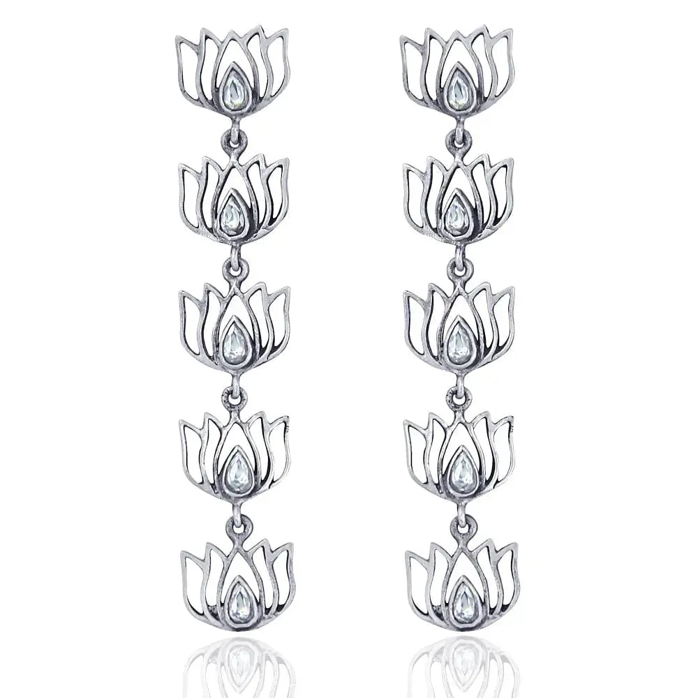 92.5 Silver Oxidized Lotus long earring