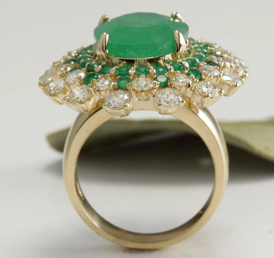 9.64 Carats Natural Emerald and Diamond 14K Solid Yellow Gold Ring