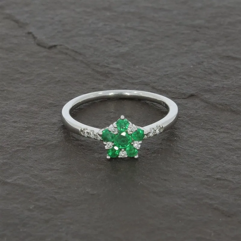 9ct White Gold Emerald And Diamond Cluster Ring