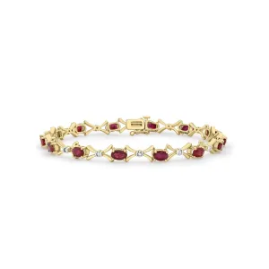 9K Yellow Gold 0.12ct Diamond & Ruby Link Bracelet /7"