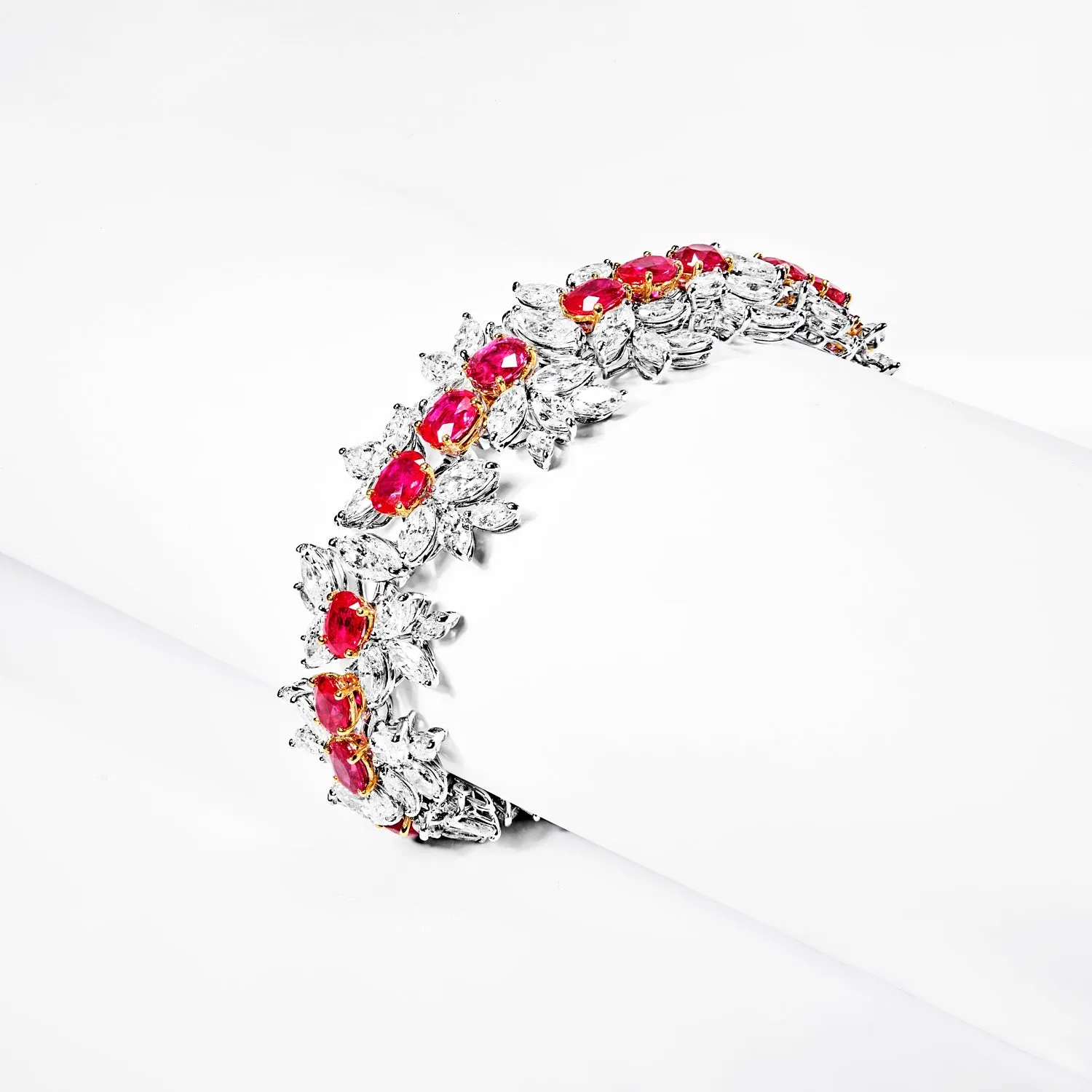 Aleah 42 Carats Red Oval Cut Single Row Ruby and Diamond Bracelet