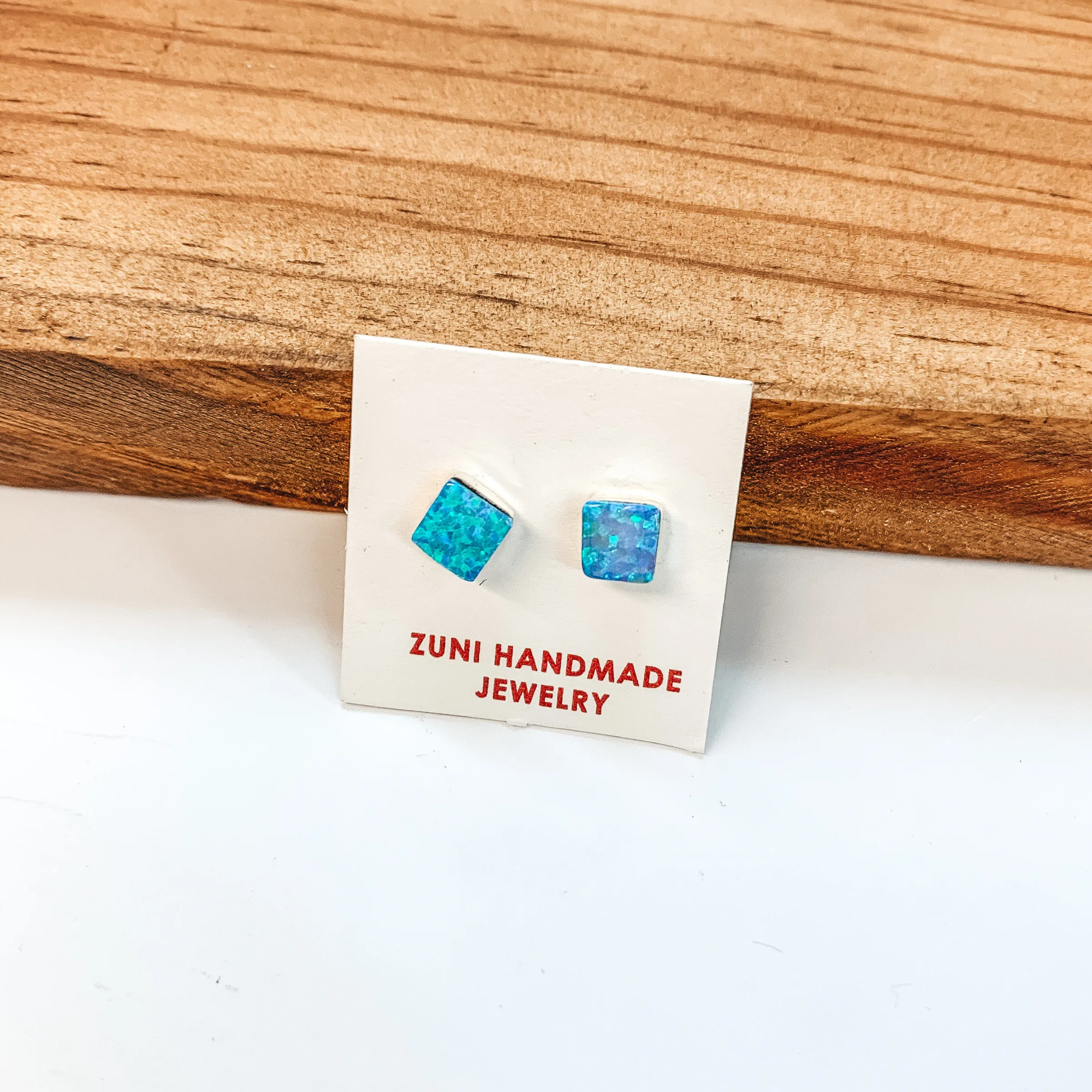 Angie Rosetta | Zuni Handmade Sterling Silver and Blue Opal Square Stud Earrings