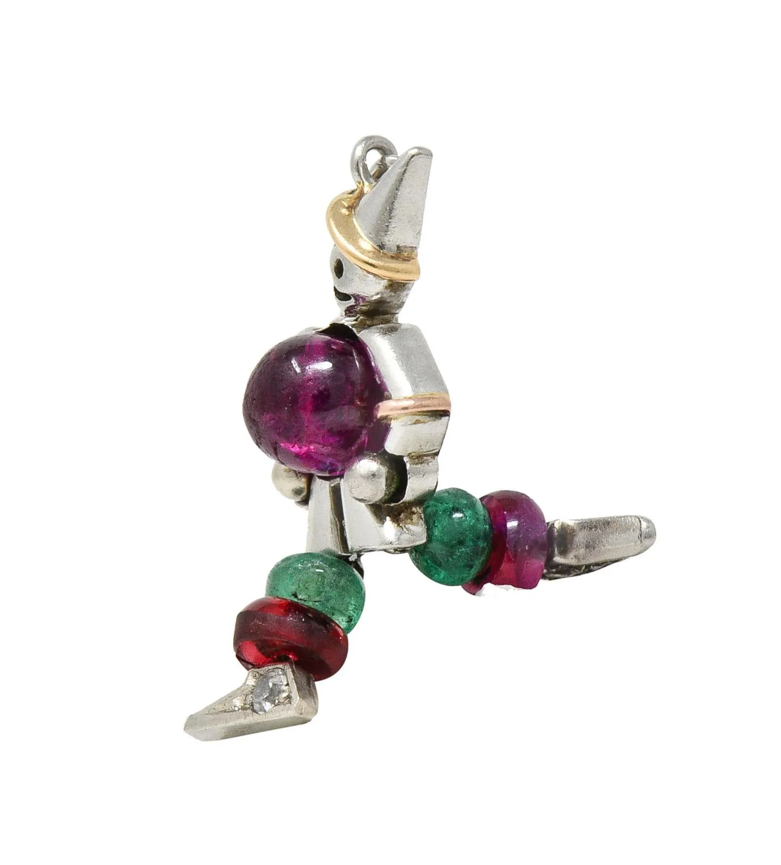 Art Deco Ruby Emerald Diamond Platinum 14 Karat Gold Vintage Articulated Clown Charm