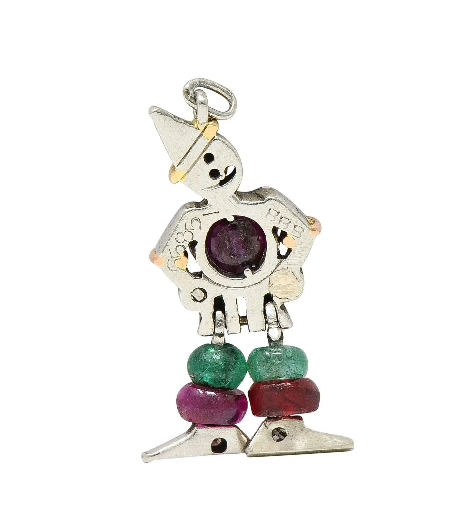 Art Deco Ruby Emerald Diamond Platinum 14 Karat Gold Vintage Articulated Clown Charm