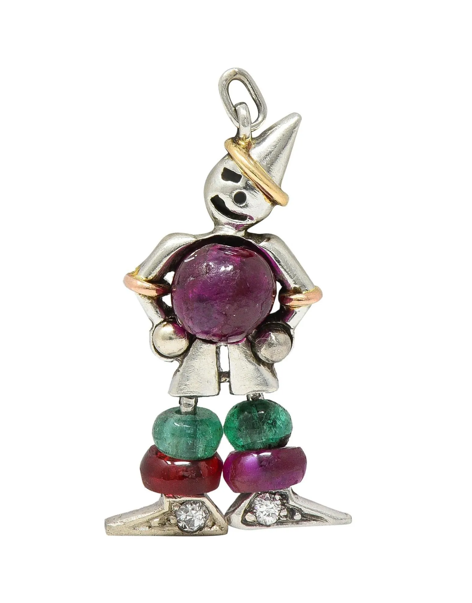 Art Deco Ruby Emerald Diamond Platinum 14 Karat Gold Vintage Articulated Clown Charm