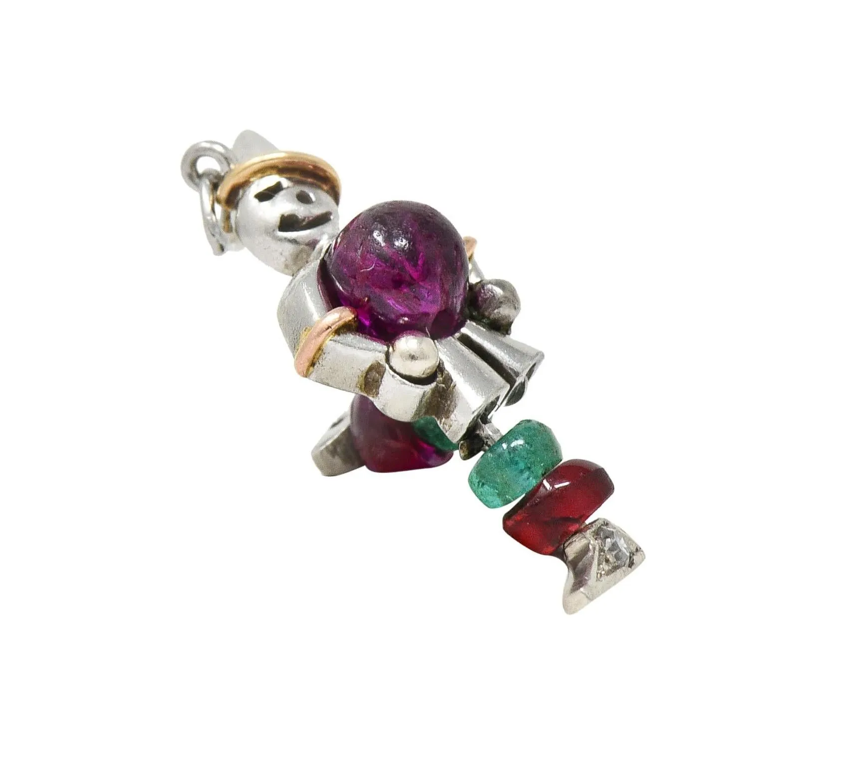 Art Deco Ruby Emerald Diamond Platinum 14 Karat Gold Vintage Articulated Clown Charm