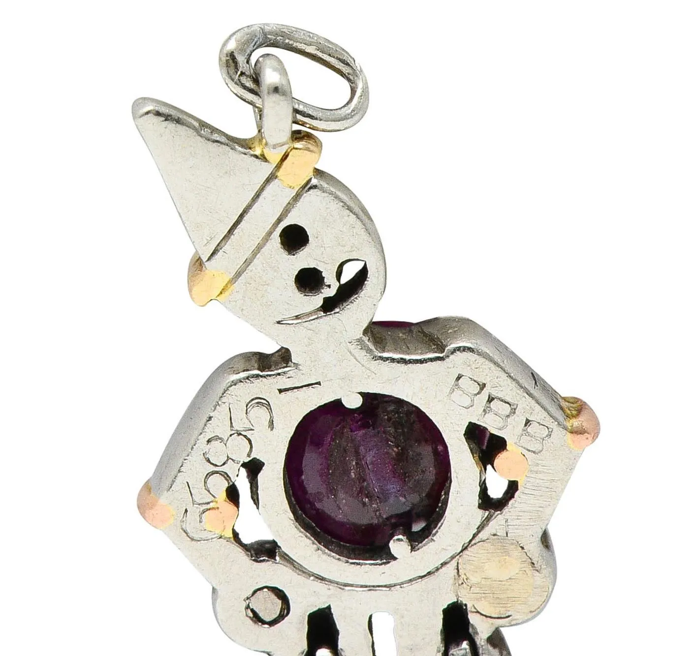 Art Deco Ruby Emerald Diamond Platinum 14 Karat Gold Vintage Articulated Clown Charm