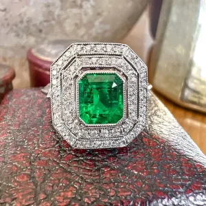 Art Deco Style Emerald & Diamond Ring, 1.05ct.