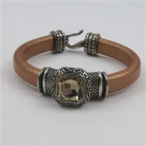 Bangle Bracelet in Tan Leather  with Crystal