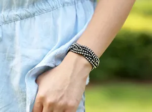 Black Leather Wrap Bracelet w/ Round Silver Studs