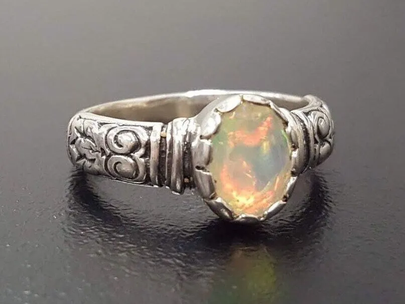 Boho Opal Ring - Genuine Fire Opal Ring - Solitaire Tribal Band