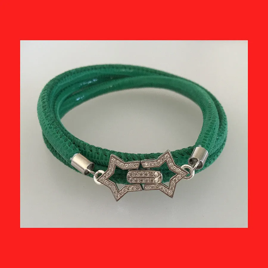 Bracelets; Green Leather Bracelet with Sterling Silver Clasp