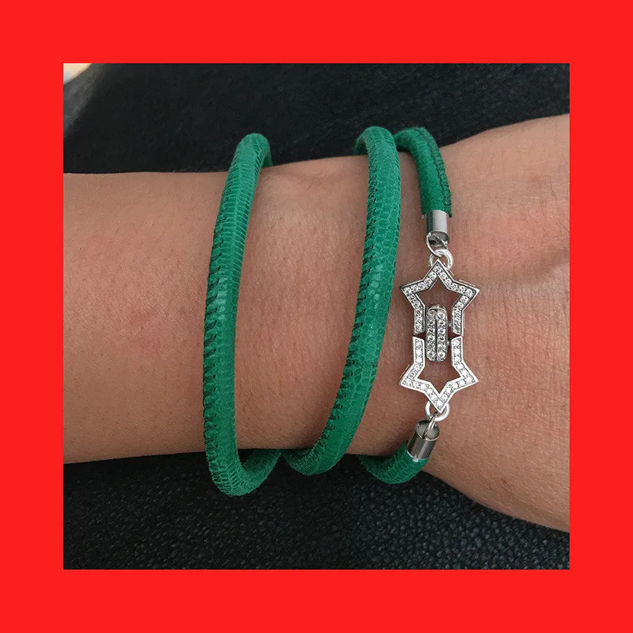 Bracelets; Green Leather Bracelet with Sterling Silver Clasp